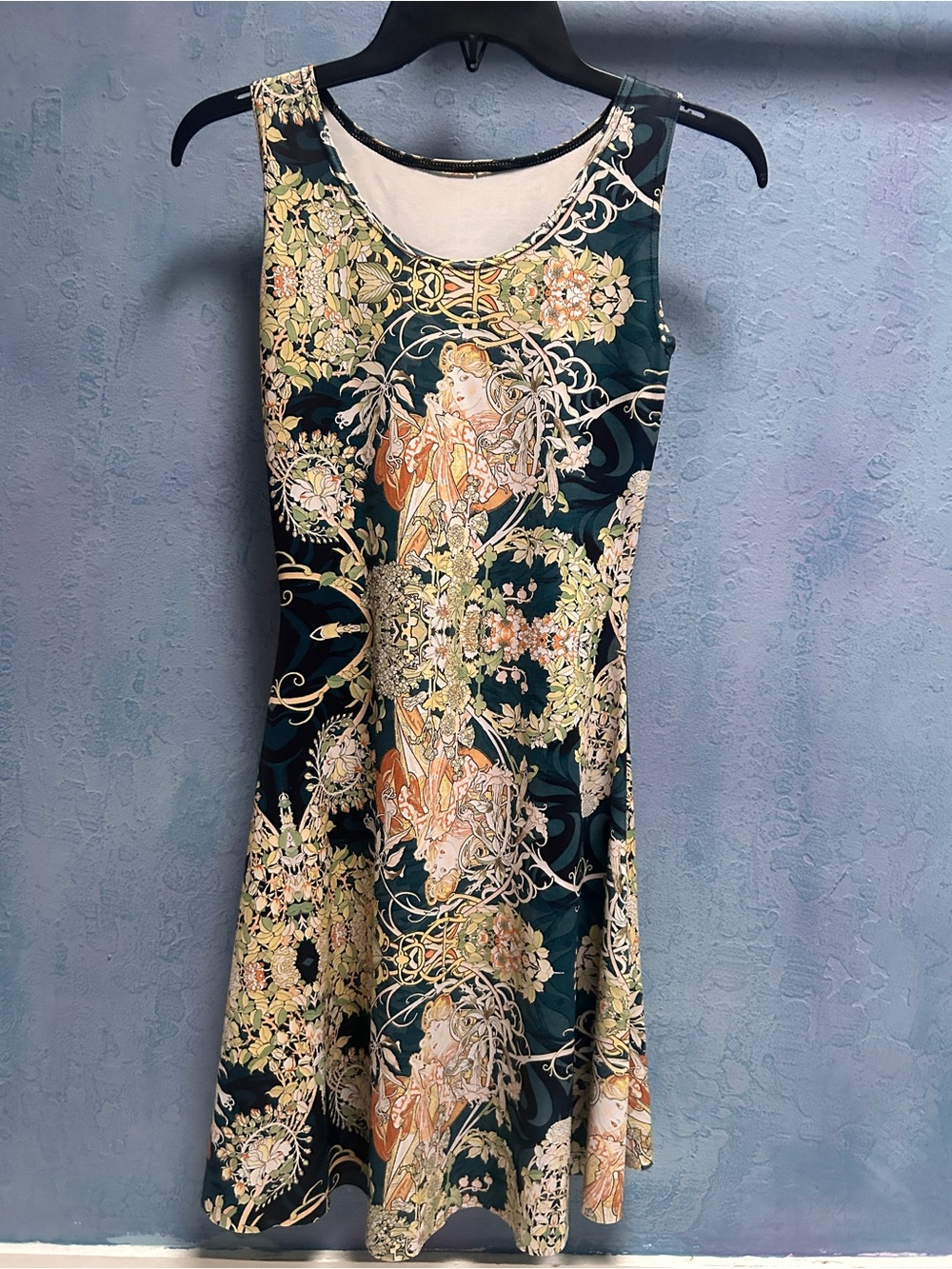 BlackMilk Alphonse Mucha Light Gray skater dress with Black Trim